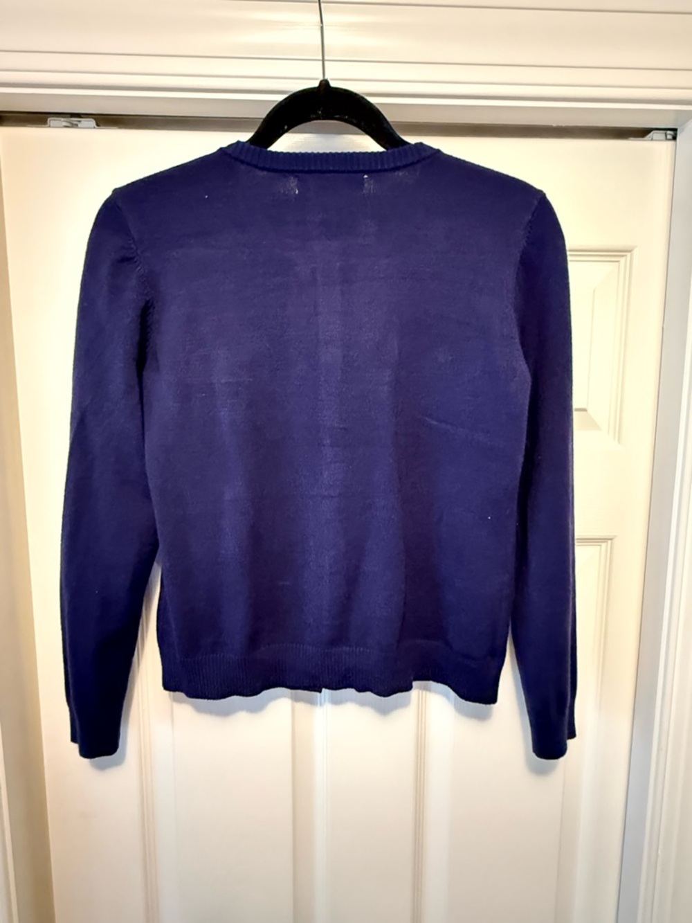 Women's Navy Crewneck Button-Front Sweater with Chest Pockets - Picture 4 of 5